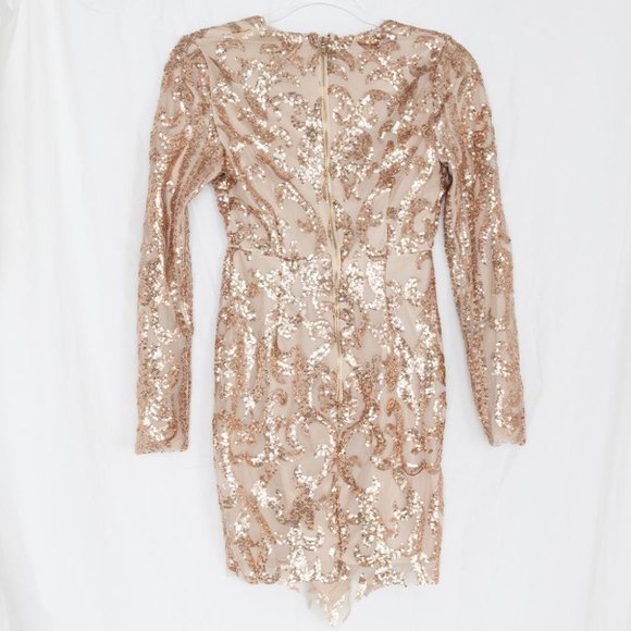 NWT Gold & Beige Metallic Sequin Long Sleeve V-Neck Mini w/ Asymmetrical Hem XS - Picture 6 of 6